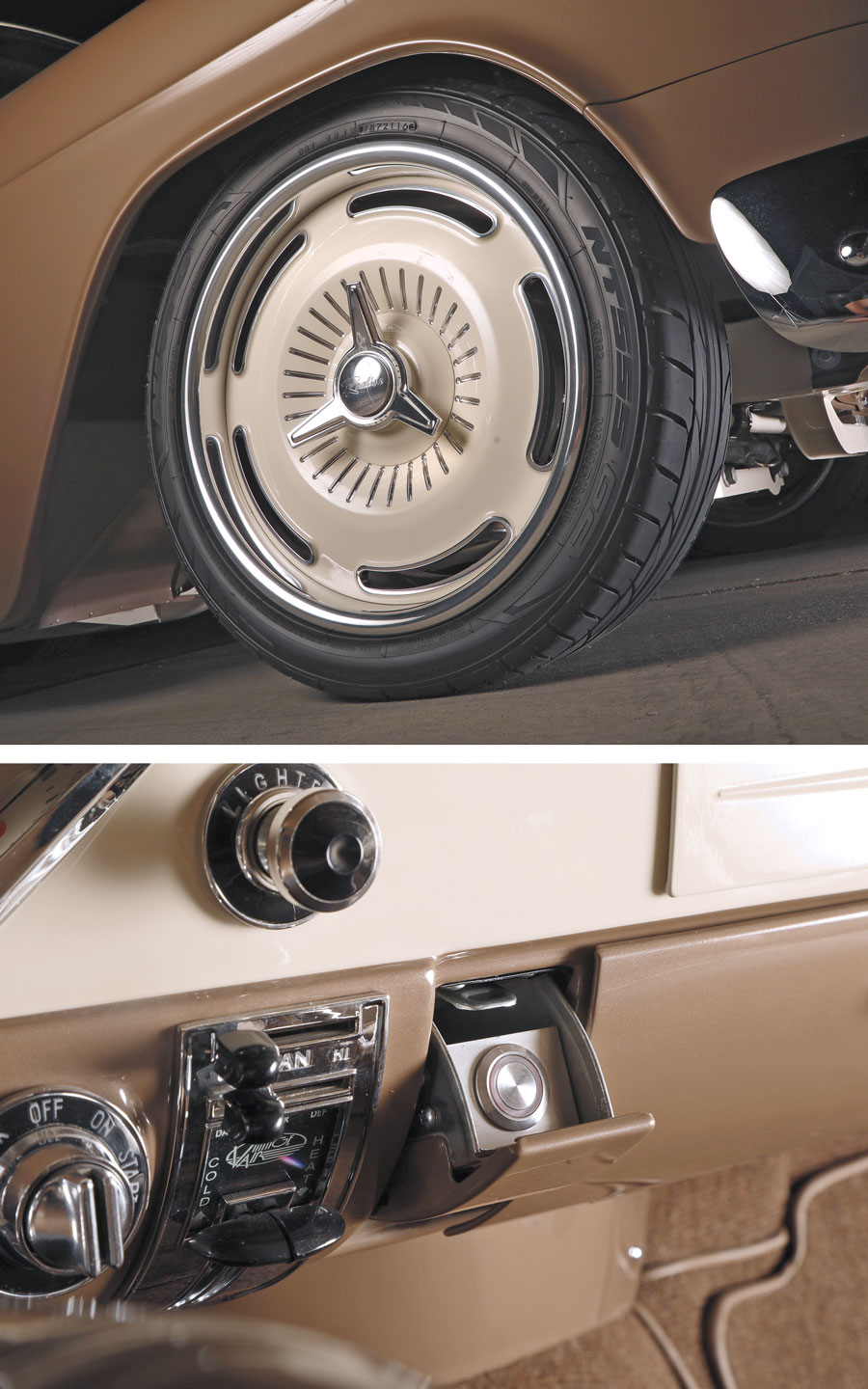 Tires and inside features of 1955 Chevy