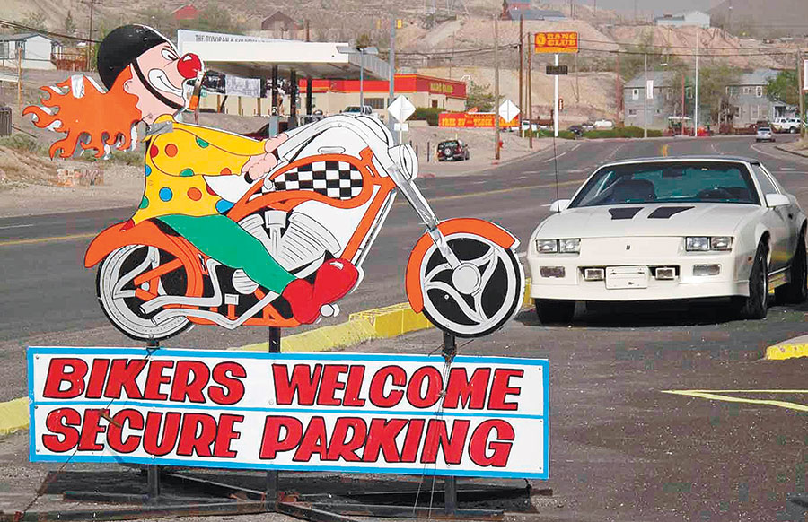 clown on motorcycle sign with Bikers Welcome Secure Parking