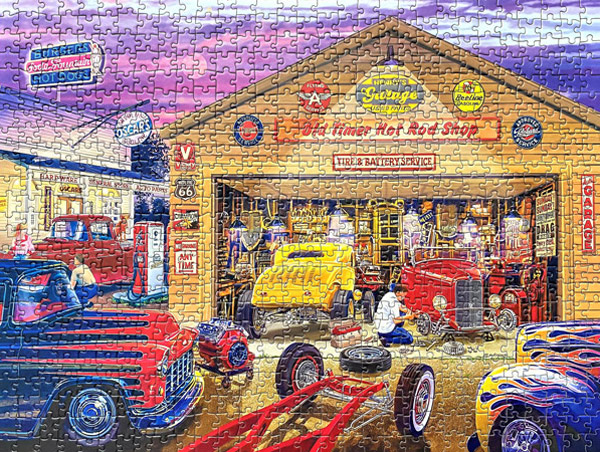 Puzzle of garage and classic cars
