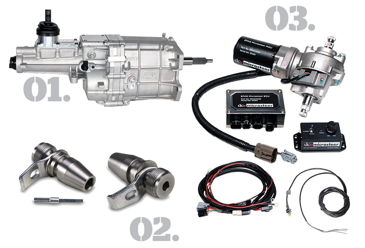 01: Tremec TKX; 02: Strong Pulse speedometer adapter; 03 SEMA Award winning power assist steering system