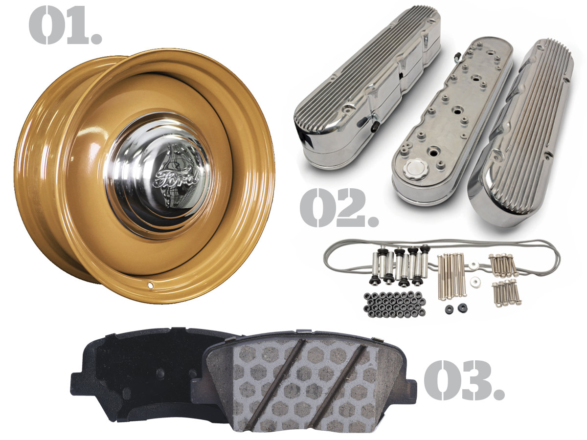 01. 17-inch two-piece steel smoothie wheel; 02. two-piece finned aluminum LS valve cover set; 03. Duralast brake pad