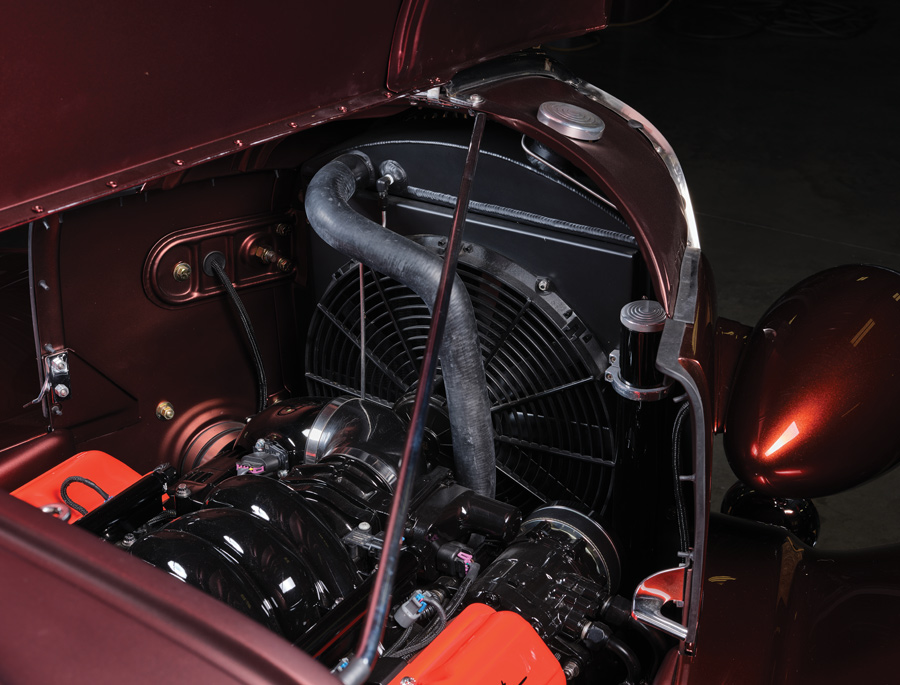 1937 Chevy Business Coupe engine and fan shown under the hood