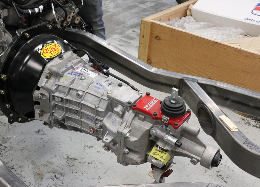 A TREMEC six-seed matched to a Quick Time bellhousing butts up to the Roush supercharged Ford Coyote