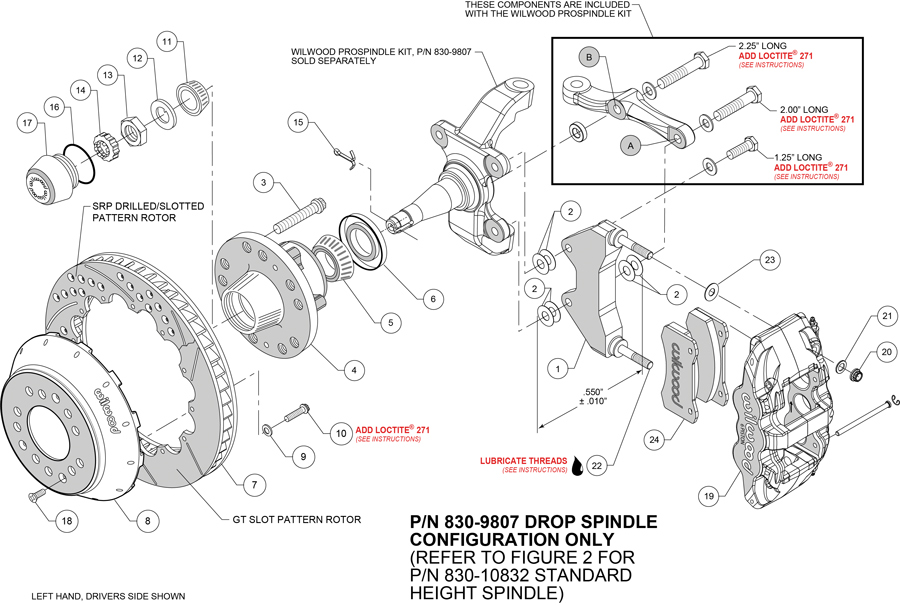 digital illustration of Exploded view of Wilwood drop spindle and front brake system assembly