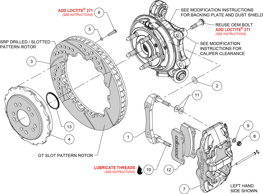 digital illustration of Exploded view of Wilwood rear brake system with OE-style parking brake
