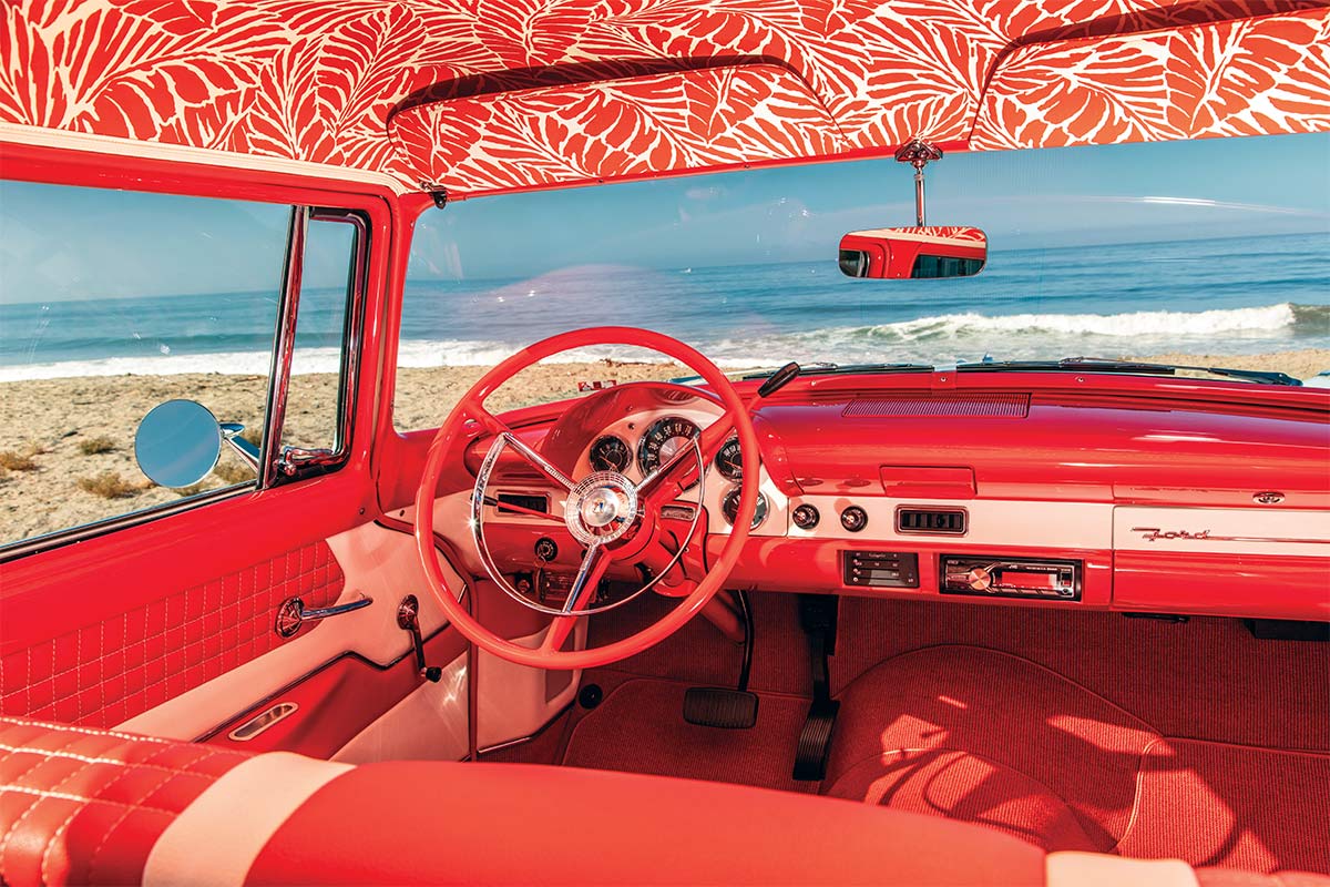 1956 Ford Country Sedan Wagon interior looking out the drivers side, steering wheel, and roof