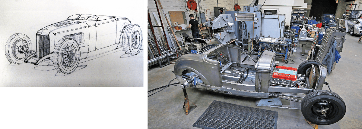 draft drawing and body frame of the 1932 ford roaster