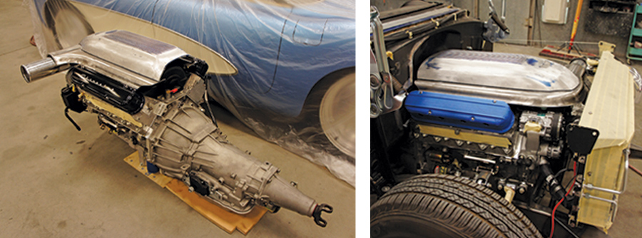 Left: Car part rests on garage floor; right: Close view of engine of car being worked on