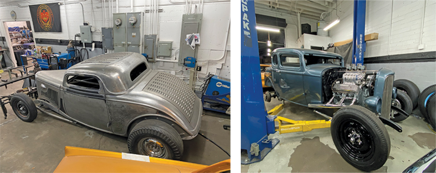 Left: Back three quarter of 1933 three window Ford coupe in Hollywood Hot Rods shop; right: Three quarter front view of 1932 five-window Ford coupe