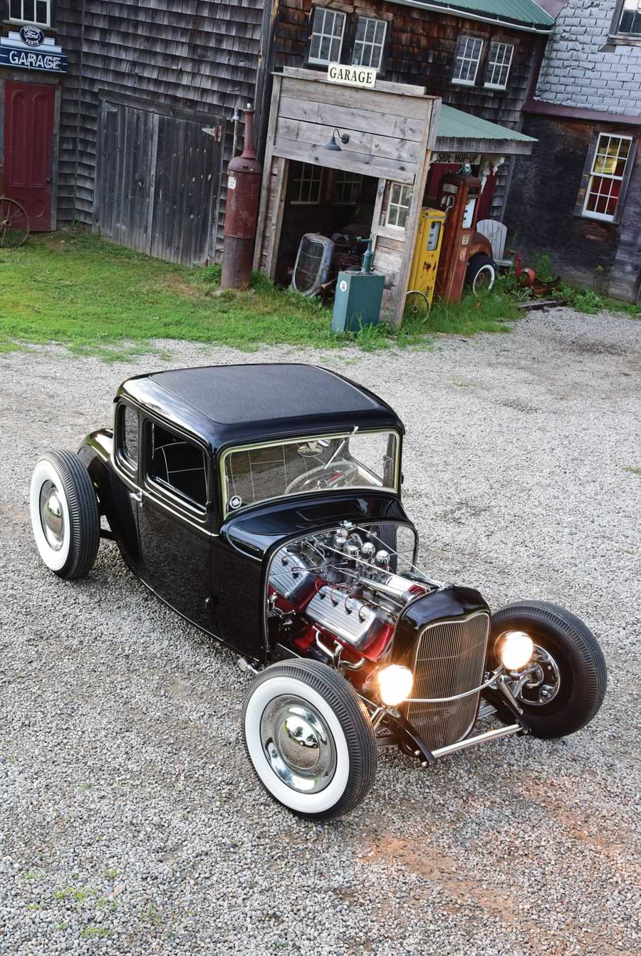 Aerial view of Don Demers' 1932 Ford five-window channeled coupe