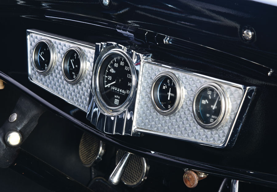 1932 Ford five-window channeled coupe gauges closeup
