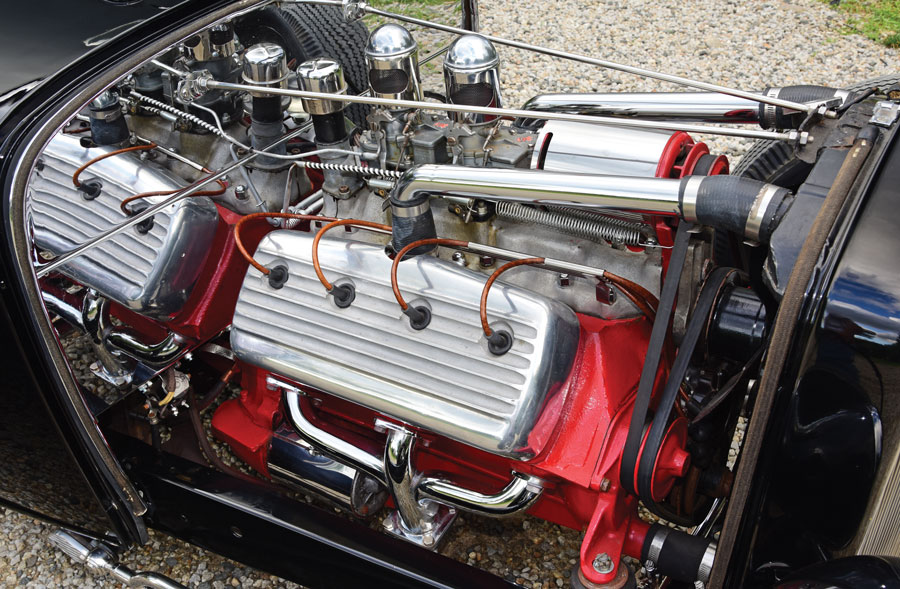 1932 Ford five-window channeled coupe engine closeup