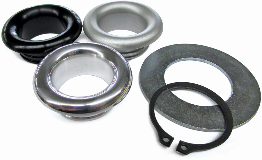 three bezels in black anodize, polished, and machined finished, with washer and snap ring