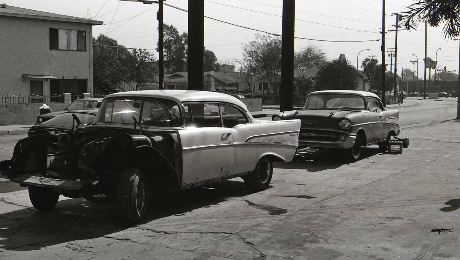 Old Chevys removed from 35 years of storage in black and white