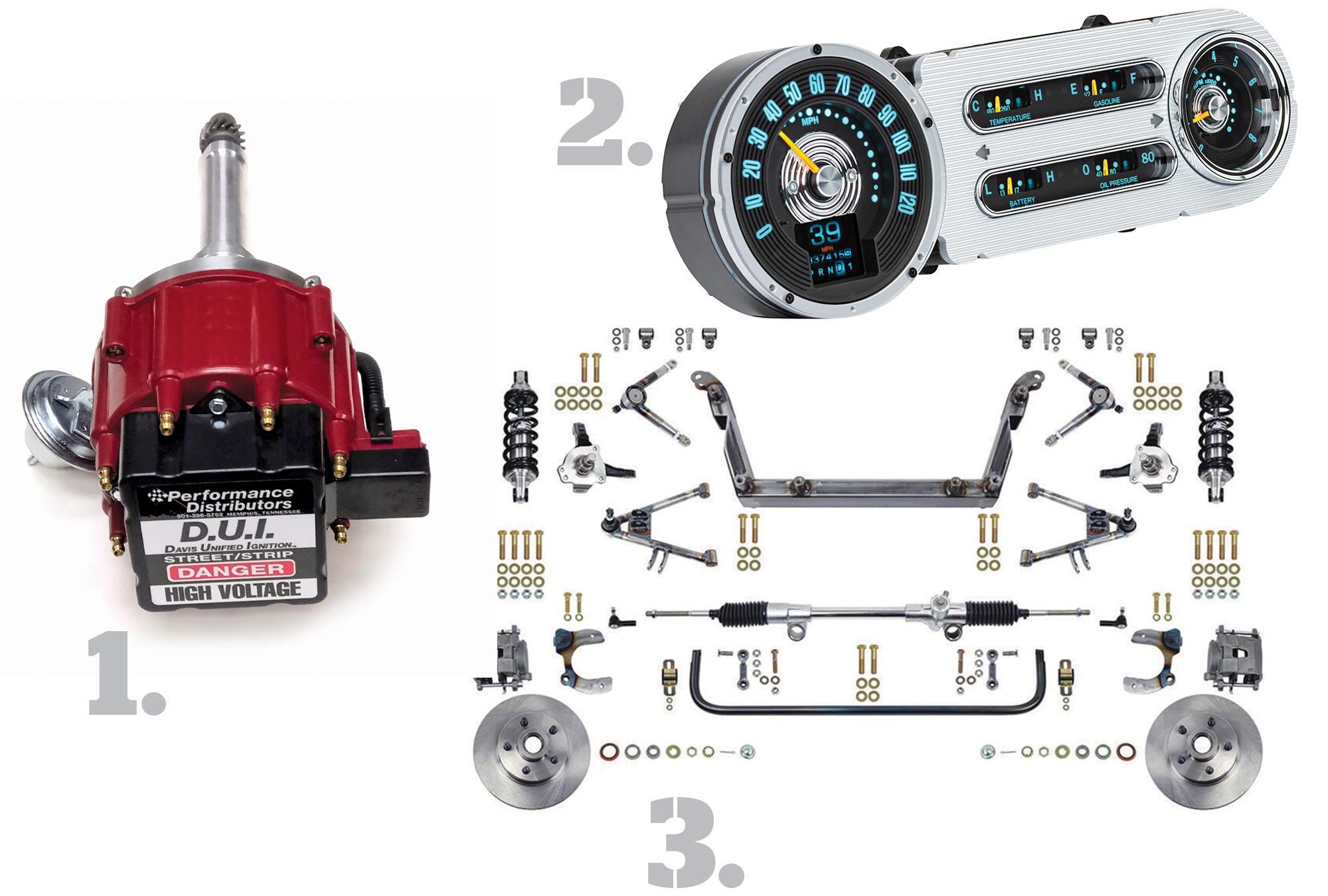 1. Vintage Caddy 429 Distributor; 2. OEM Look With Modern Gauge Performance; 3. Build Your Own IFS