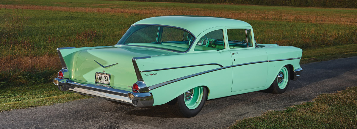 Passenger Rear of a Surf Green 1957 Chevy 210