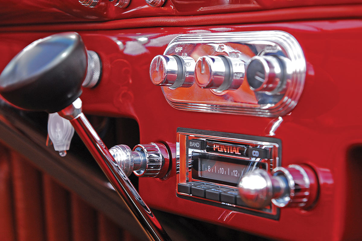 gear shifter and dashboard in red and chrome