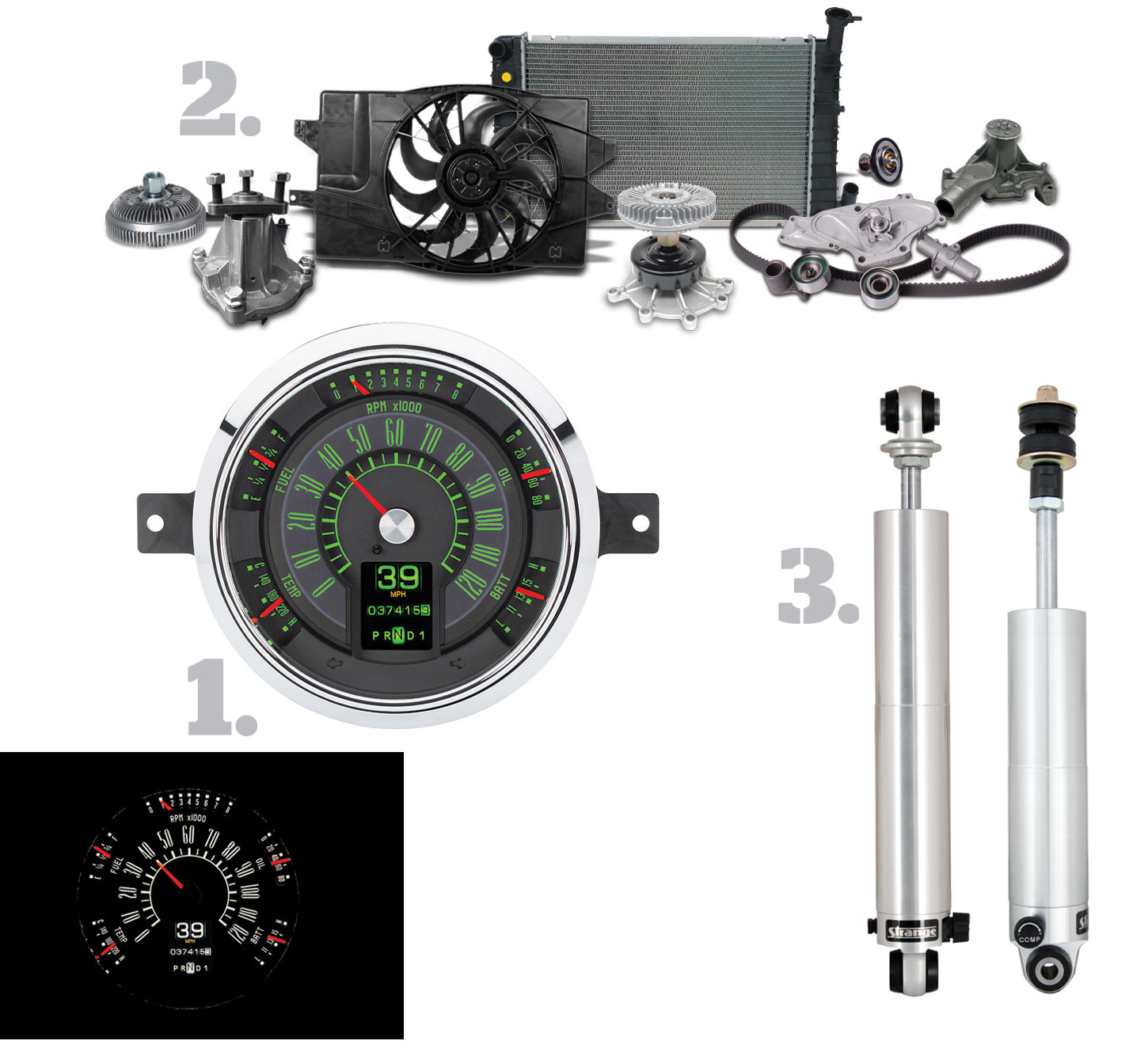 1. Dakota Digital RTX application; 2. Duralast Pump Fan Clutch Kit; 3. Strange Engineering bolt-in shocks