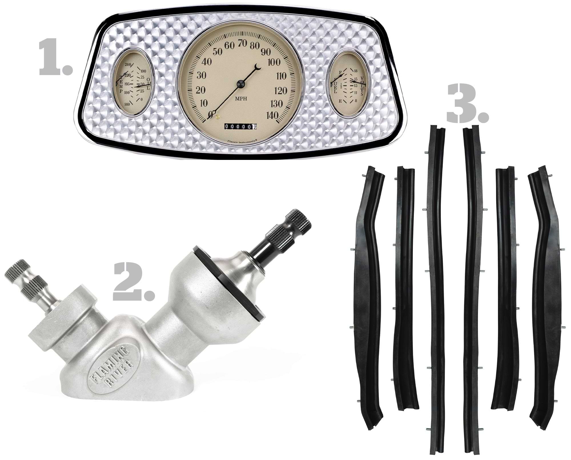 1. Classic Instruments 1933–1934 Ford car electronic-operation gauges; 2. Flaming River's VDOG 90-degree steering gearbox; 3. Steele Rubber Products' Convertible Roof Rail Weatherstrips (PN 70-4102-65)