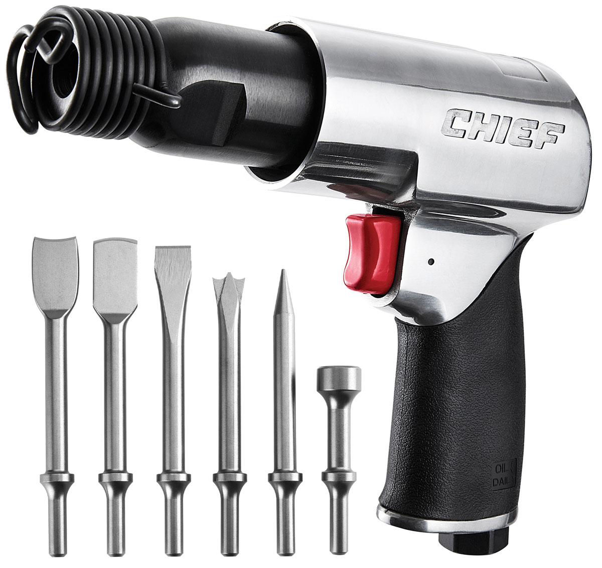 4: Available from Harbor Freight is the Chief Professional Medium Barrel Air Hammer (PN 56990) and the Professional 6-Piece Air Hammer Chisel Set (PN 56541)