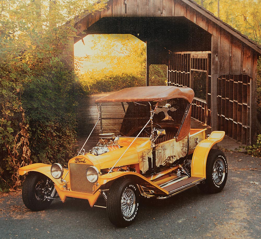 portrait on canvas of a yellow T roadster pickup