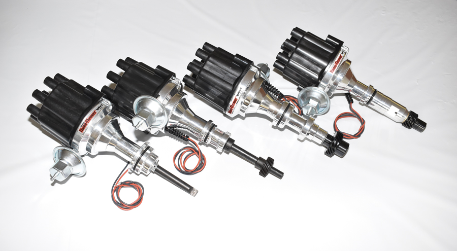 Here are four of the new additions to the Flame-Thrower vintage distributor line. Left to right: 331-354 Chrysler; Ford Y-block; Cadillac 331, 365, 368, 390 (’54-’63); and Buick V-8 Nailhead 264,332, 364, 401, and 425.