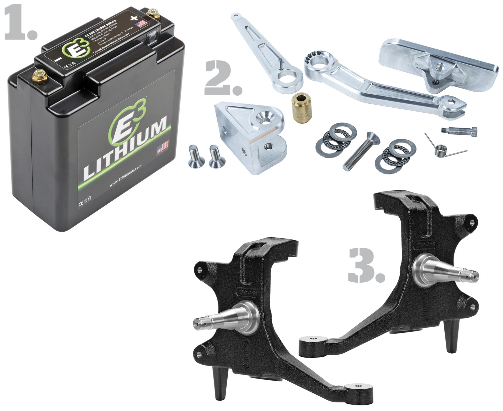 E3 Spark Plugs ultra-lightweight lithium iron phosphate starter battery; Scott’s Hotrods ’N Customs’ CNC-machined billet aluminum universal Hot Rod Gas Pedal parts; 2 Wilwood 2-inch drop ProSpindles