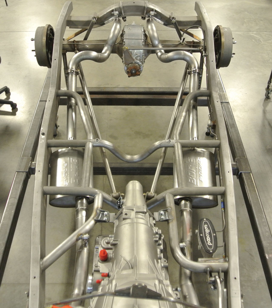 This overhead view illustrates the perfect placement of all components on the chassis. The Borla Pro XS stainless mufflers provide good flow and a proper performance sound. 