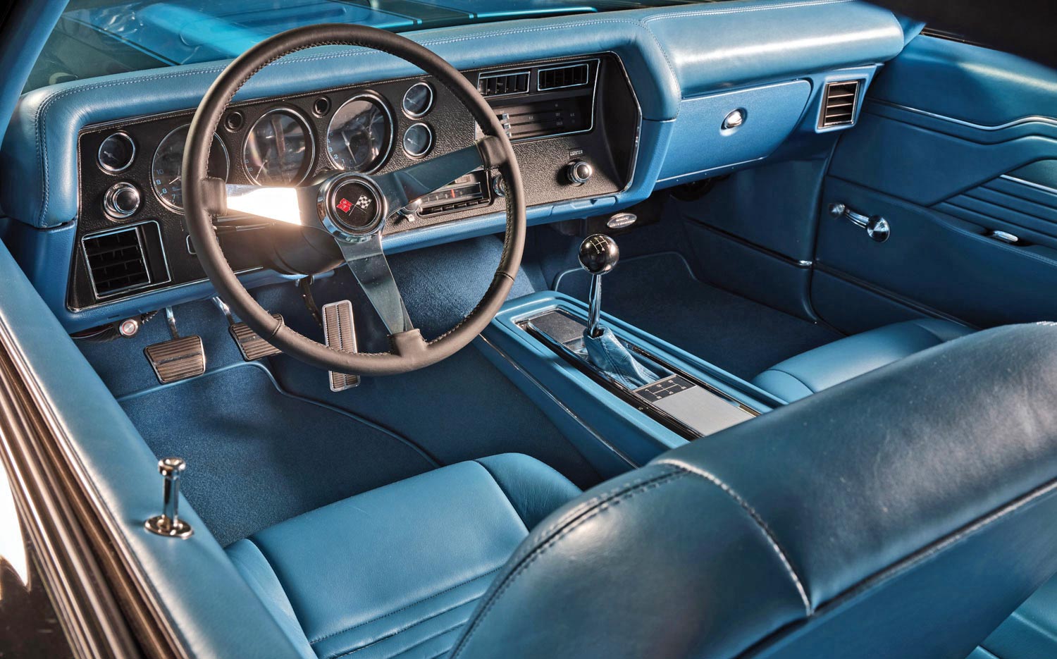 poweder blue classic car front interior, with a view of the steering wheel and dashboard gauges