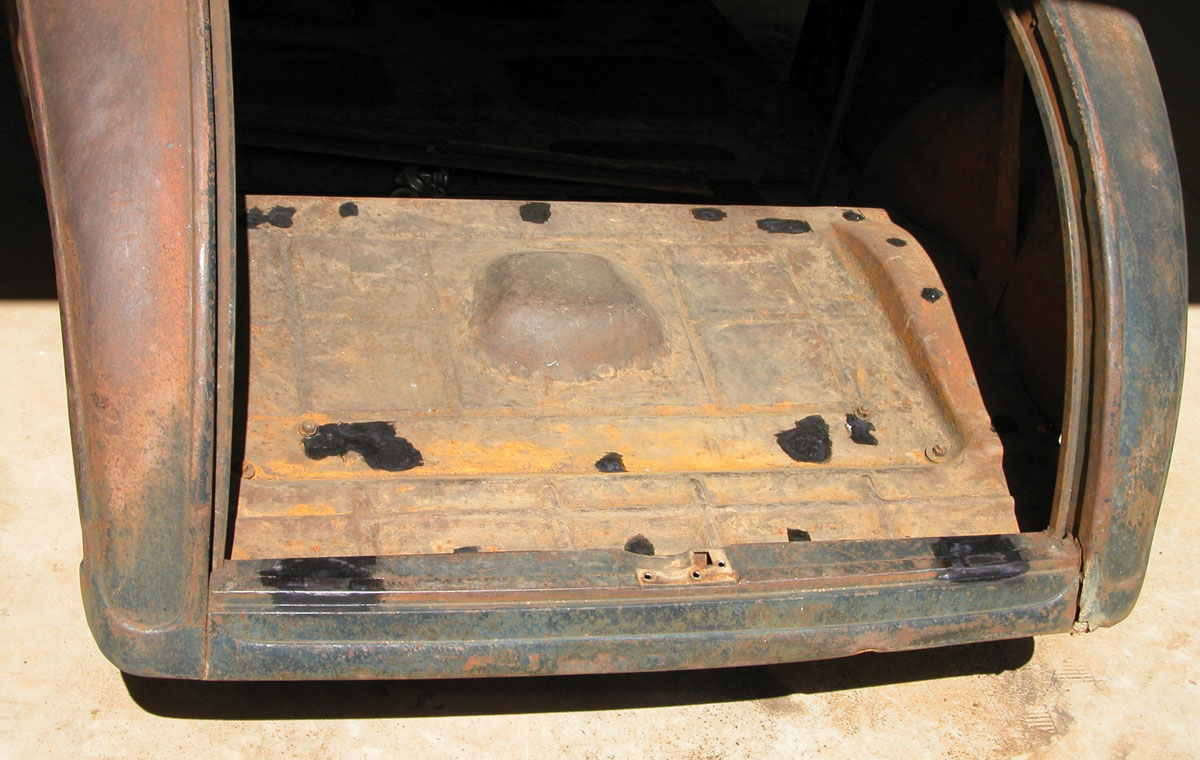 This is the stock DeSoto trunk flooring that underwent plenty of cosmetic “surgery” to make the IRS fit