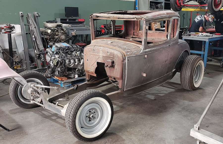 The chassis, with a Kugel IFS, was brought to Old Anvil Speed Shop by the customer along with the 90-year-old Model A body with the roof apron section already removed
