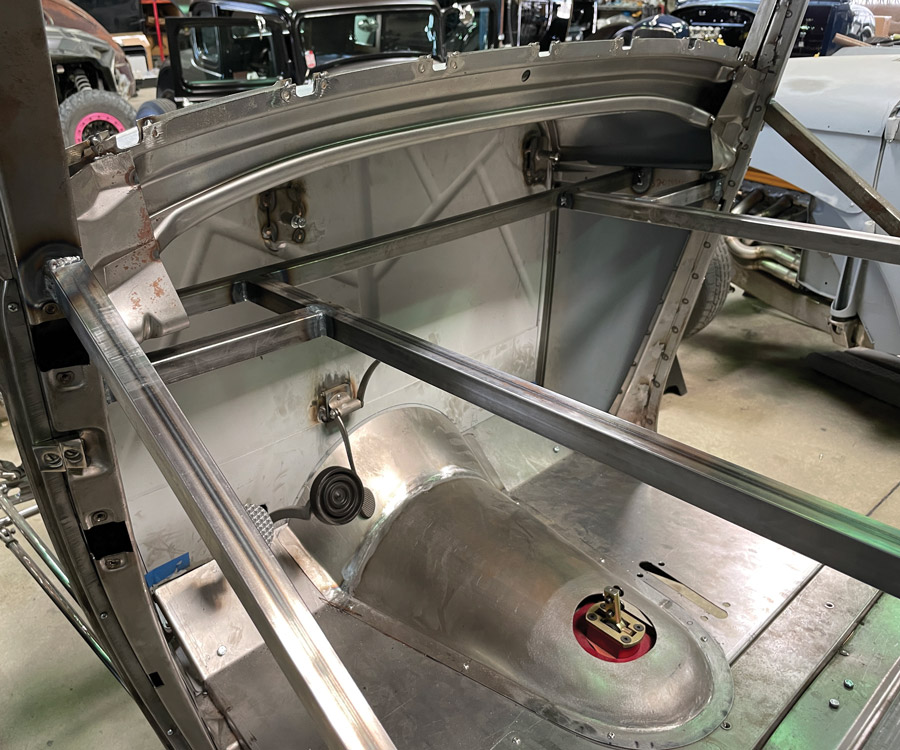 The front cowl end of Bruce Fortie’s Brookville Roadster ’32 three-window coupe partway through the bracing process. Notice there are longitudinal braces running from front to back and crossbraces tying them together.