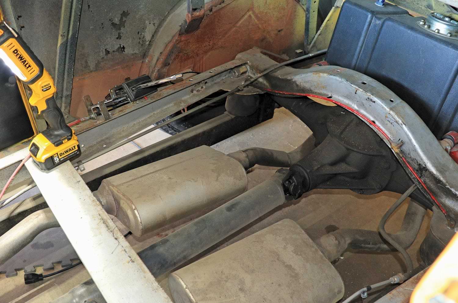 knowing this car will need repairs and suspension upgrades in the future, the 1-inch marine plywood floors were designed to be completely removable by undoing five screws