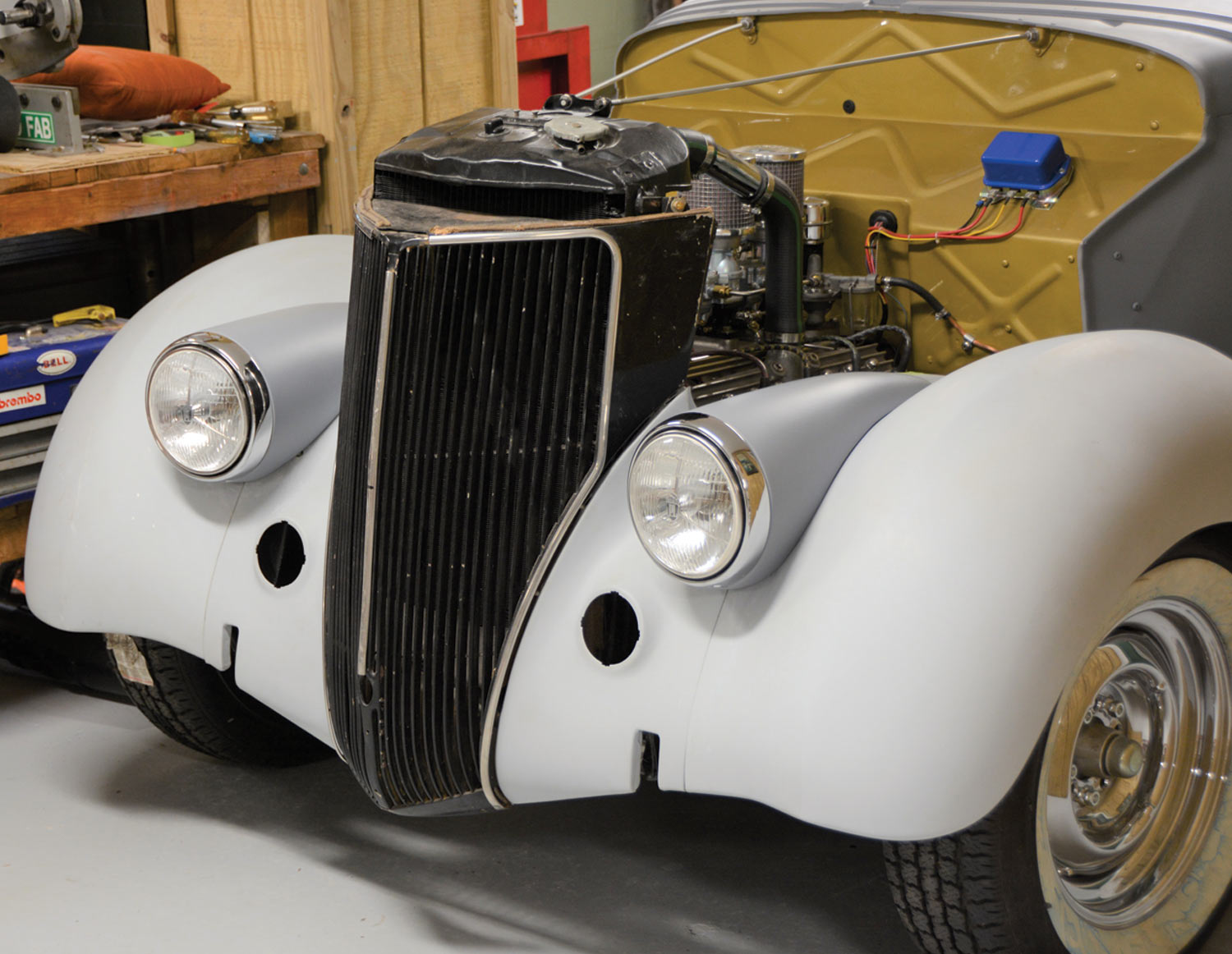 finished angled view of the front of the '36 Ford with new headlight mounts