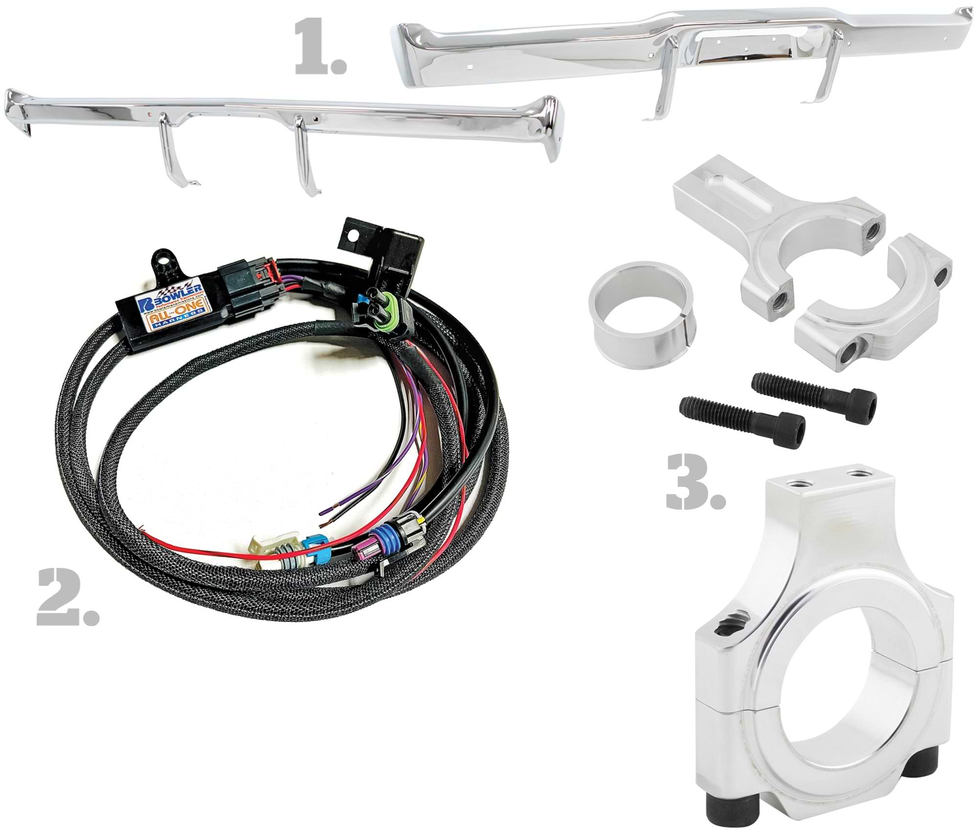 AMD's front and rear bumper; Bowler Performance Transmissions' all in one transmission harness; Speedway Motors Connecting Rod Steering Column Drop, long 4 inches and short 2-1/2 inches (PN 9161966 and PN 9161967)