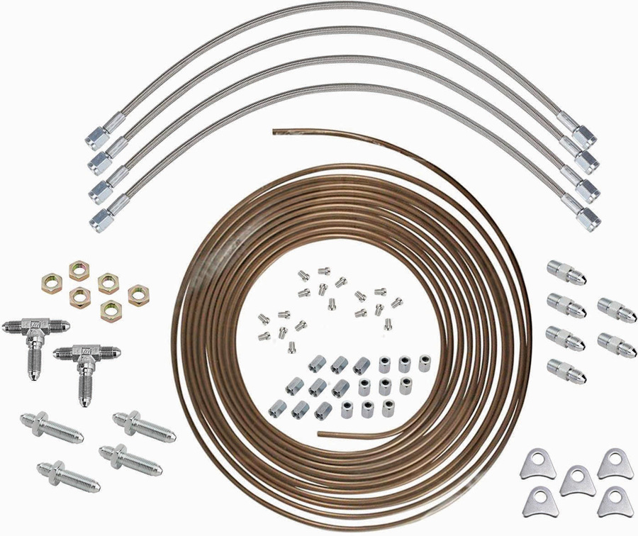 Speedway Motors offers AN brake line kits in steel, stainless steel, and  NiCopp alloy. Each kit includes a 25-foot roll tubing along with AN adapters, weld-on brake line tabs, and braided stainless steel AN3 brake lines. 