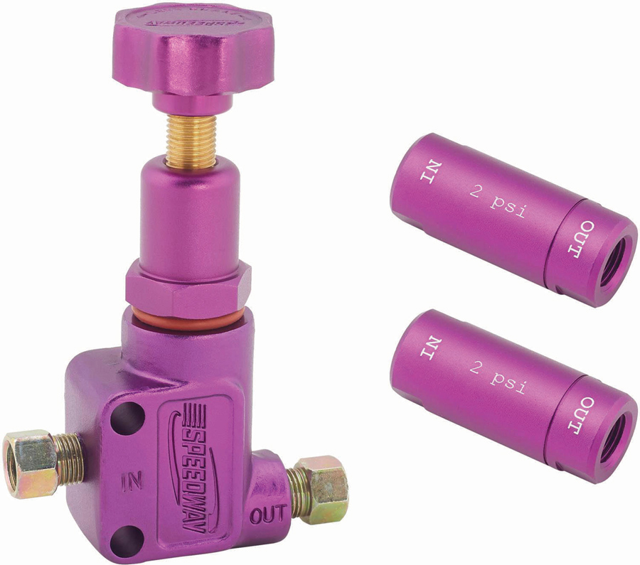 Proportioning valves are often used to adjusting front-to-rear brake bias, on the right are inline residual pressure valves. These examples are from Speedway Motors.