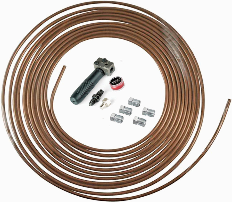 Now available from Speedway Motors is this nickel/copper (NiCopp) inverted flare brake line kit. It includes a 25-foot roll of tubing, 3/8-24 inverted flare threaded tube nuts, and a Titan flaring tool.