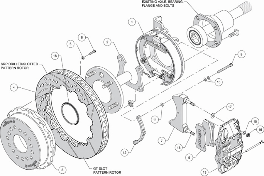 Wilwood offers rear disc brake kits with an integral parking brake system. A pair of brake shoes work in conjunction with the disc brake rotors that incorporate small parking brake drums.