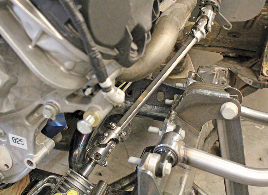 A mockup steering shaft was installed to determine header clearance and where the engine mounts will have to be located. The permanent steering shaft will have a slip joint made from Flaming River U-joints, a 3/4-inch solid shaft, and a 1-inch double-D hollow shaft.