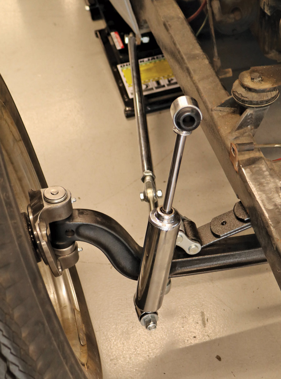 A pair of chromed Speedway Gas-Filled Short Tube Shocks (PN 91046222) will replace the old dampers and will mount off a pair of Speedway Weld-In Shock/Headlight Mount Brackets (PN 91036003). 