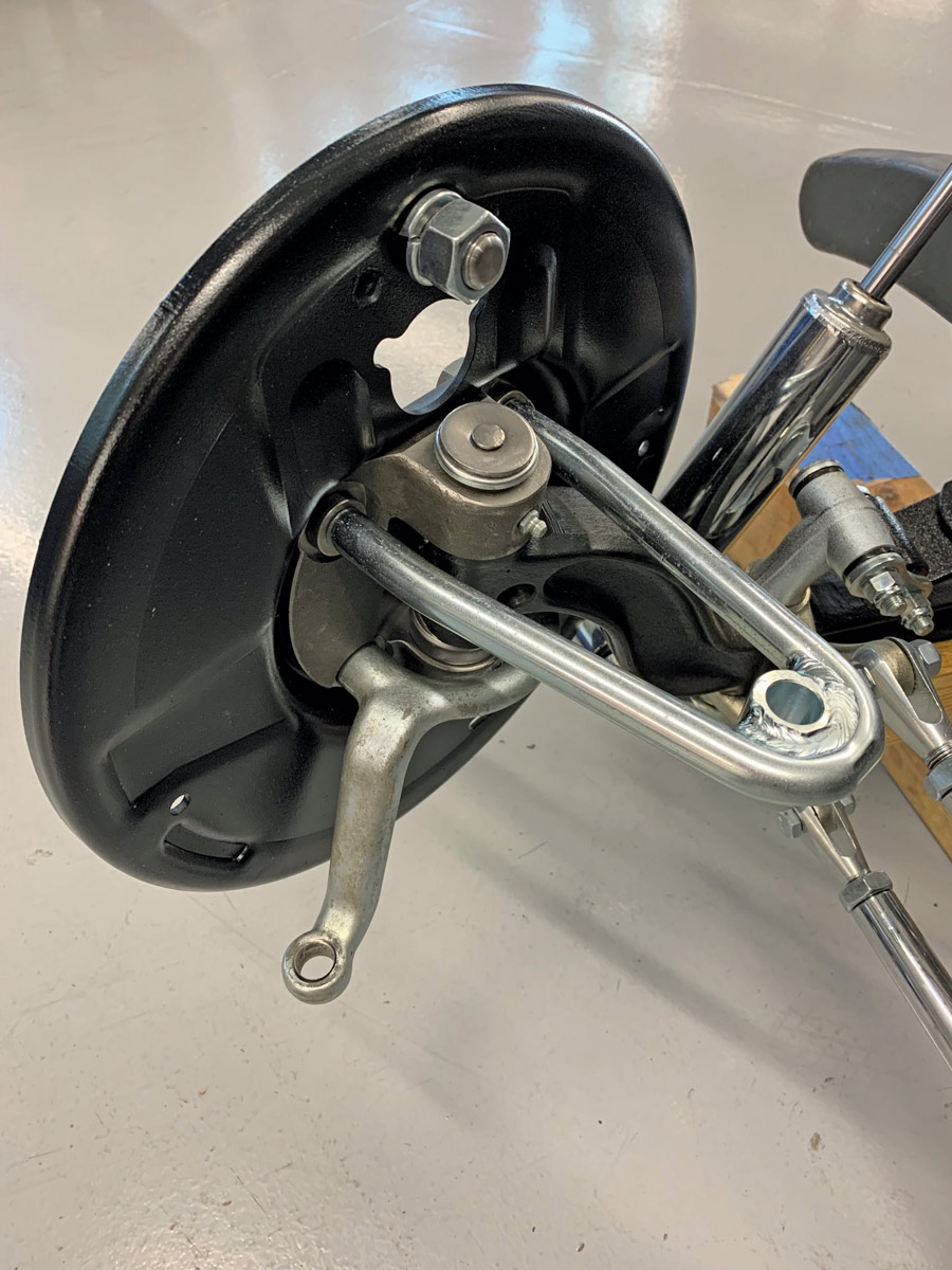 The roadster was set up with a side steer box and the plan is to stick with that design. A pair of Speedway 3-3/4-inch Dropped Steering Arms (PN 7022756) will link the two front wheels while providing clearance for the tie rod, while a Hoop-Style Steering Arm (PN 7204010) will mate the driver side spindle to the draglink. 