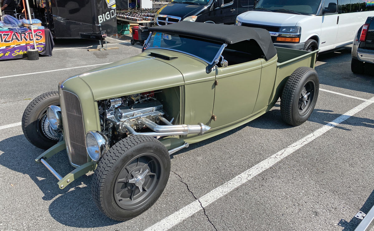Painted in beautiful Olive Drab is this ’32 Ford rpu (Brookville Roadster) belonging to David Laird