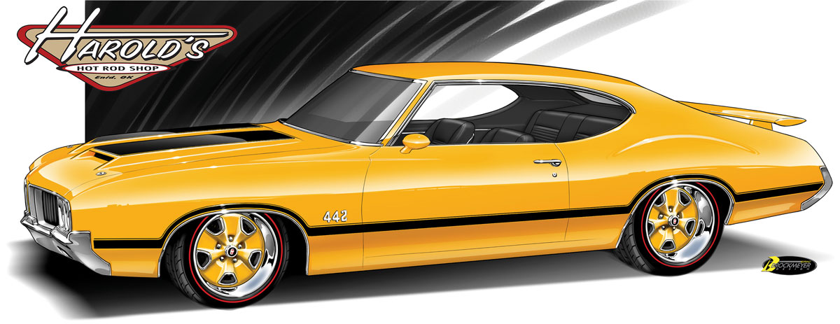 Eric Brockmeyer penned the concept illustration for Harold’s ’70 Olds 442 that is in the early stages of construction at the shop