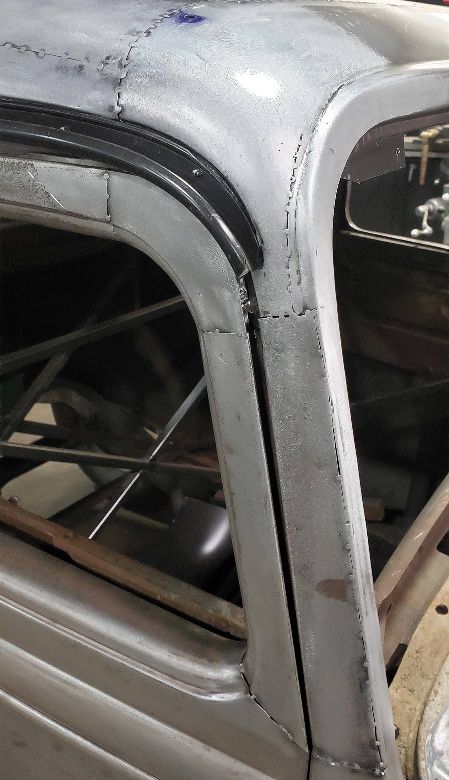 All the pieces of the door, A post, and driprail are in their  final spots. As small as this section of the car is, this was probably the hardest area to get right.  