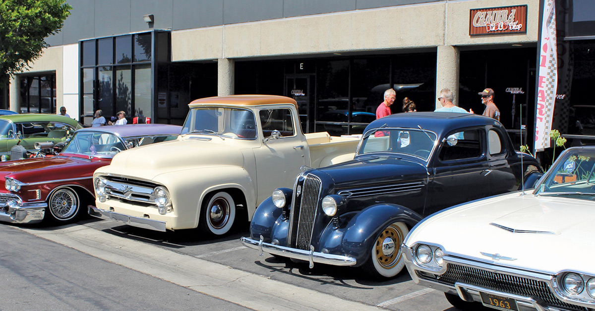 hot rods outside of Cambra's shop