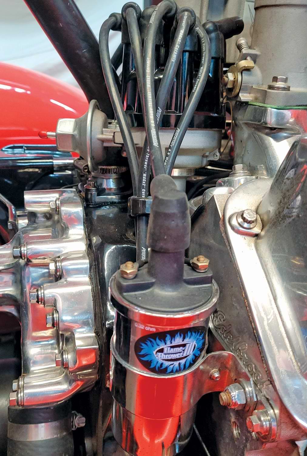 the existing ignition, consisting a PerTronix cast stock look distributor that we had built a one-off ignition trigger system to work with the Holley HP ECU