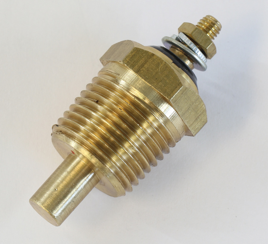 This is the Classic Series temperature gauge sender. Note the tapered threads and the single-wire connection.