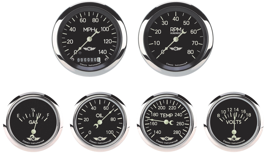 The Classic Series instruments are available in a six-gauge set (shown), five gauges without the tachometer, or individually.