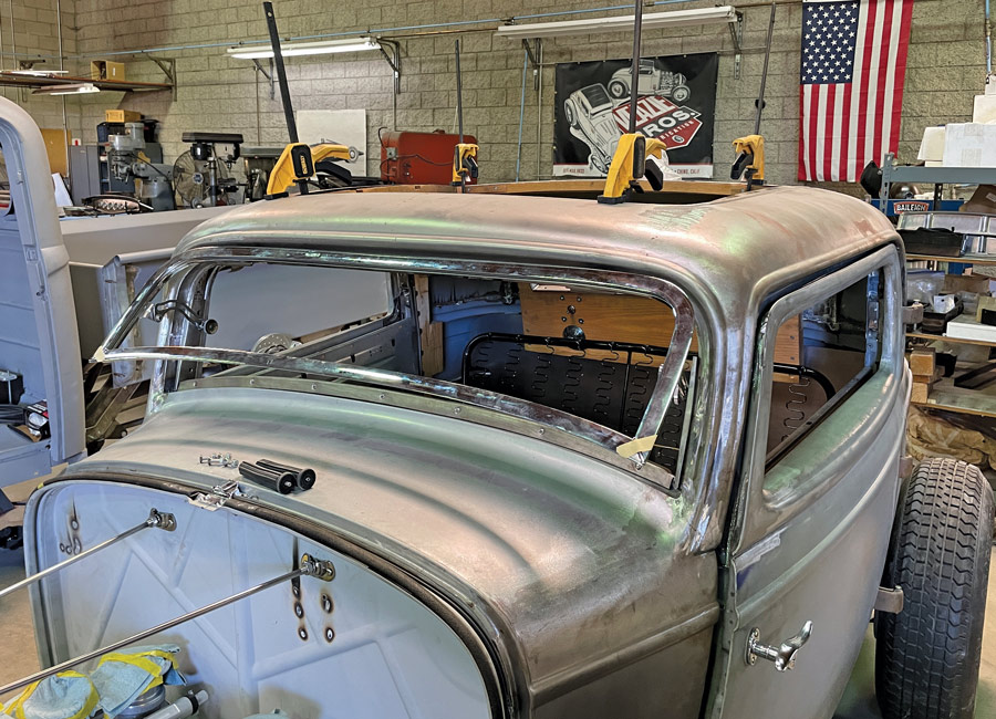 Thankfully, Ford made the Deuce windshield in two pieces, the U-section top piece, and a bolt-on curved bottom so all that’s necessary was to shorten the sides.